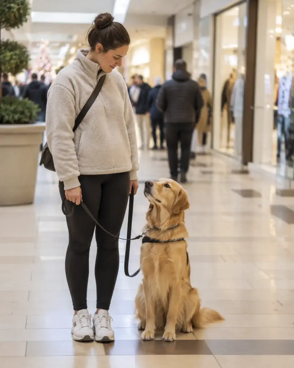 Service-dog candidate practising calm public-access skills beside their handler