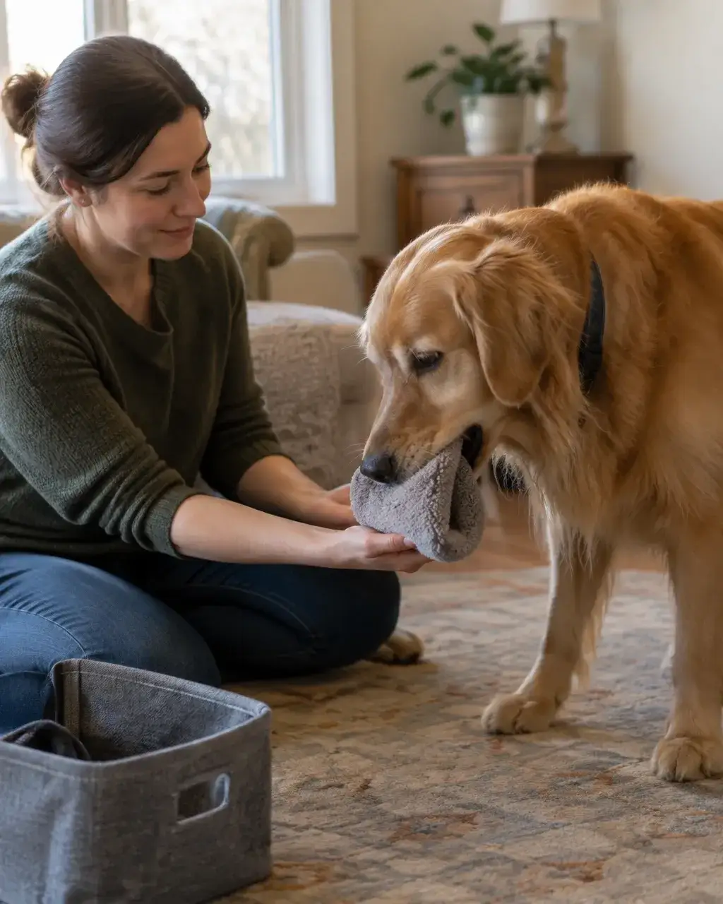 Handler and service-dog candidate practising a disability-related task at home
