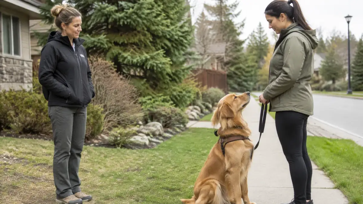Trainer observing a handler and service-dog candidate during a calm suitability assessment