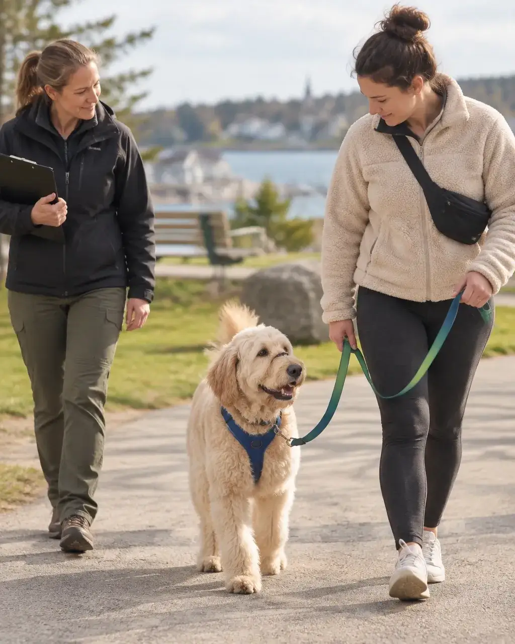 Professional trainer observing a calm dog and handler during a suitability assessment