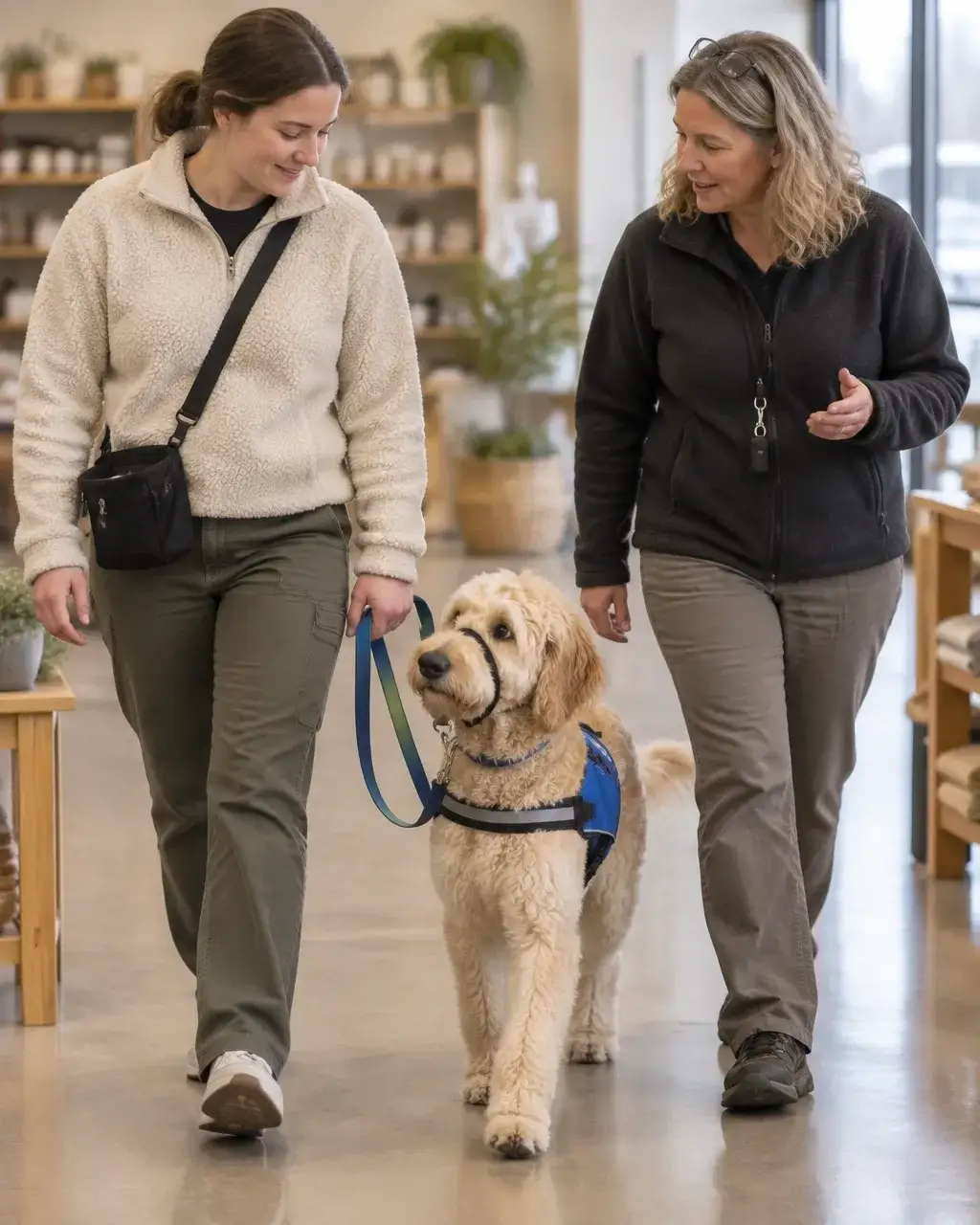 Service dog team practising calm public access skills with guidance from a professional trainer