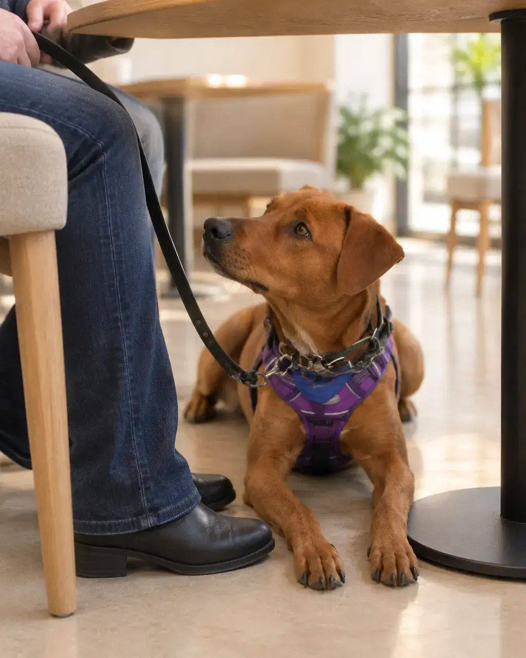 Service dog team practising a calm settle in a public setting