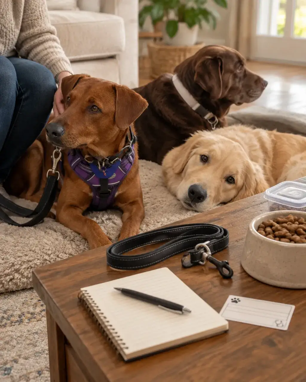 Service dog resting calmly beside its handler while training equipment and care notes are prepared