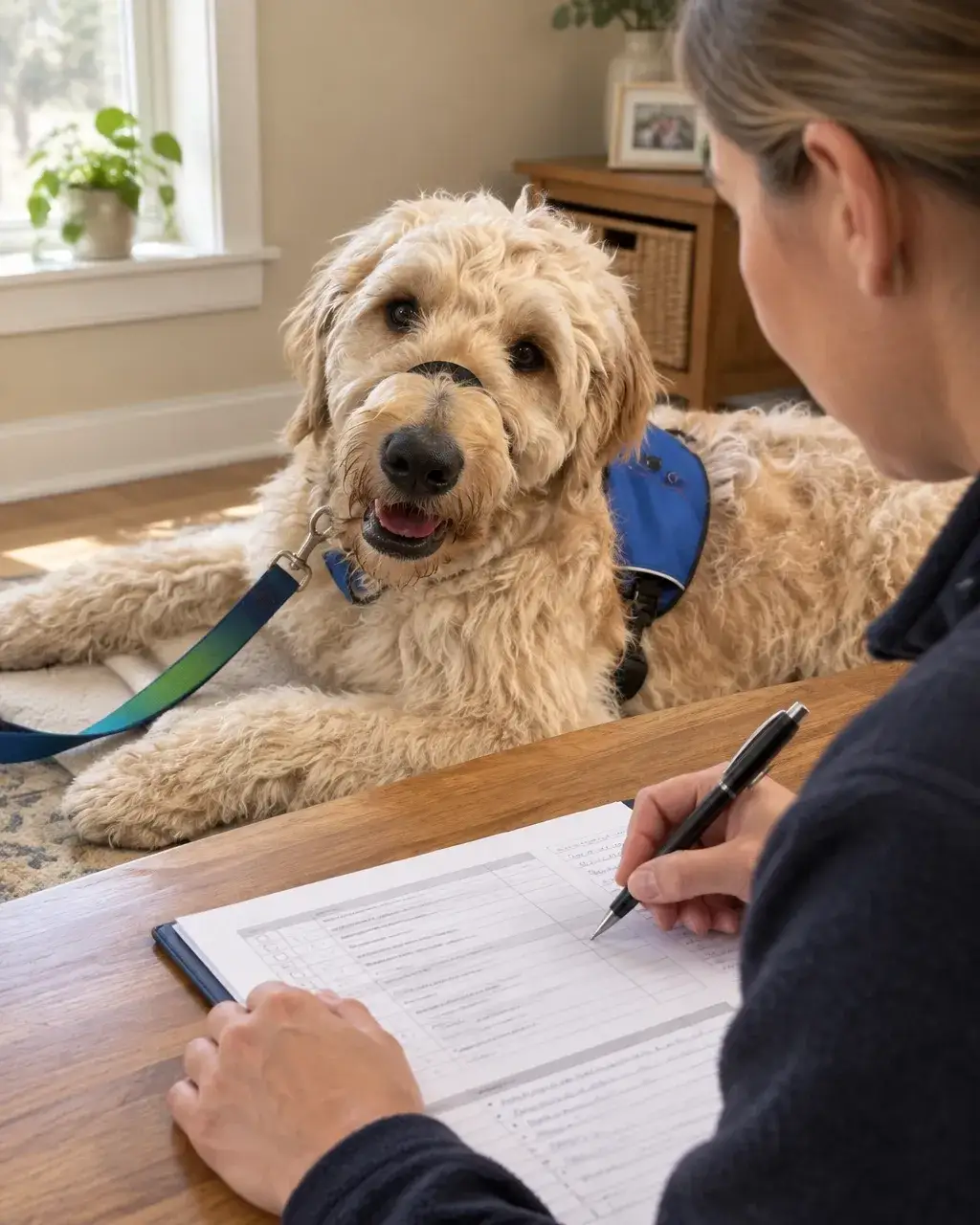 Handler reviewing assessment notes while a calm dog rests nearby