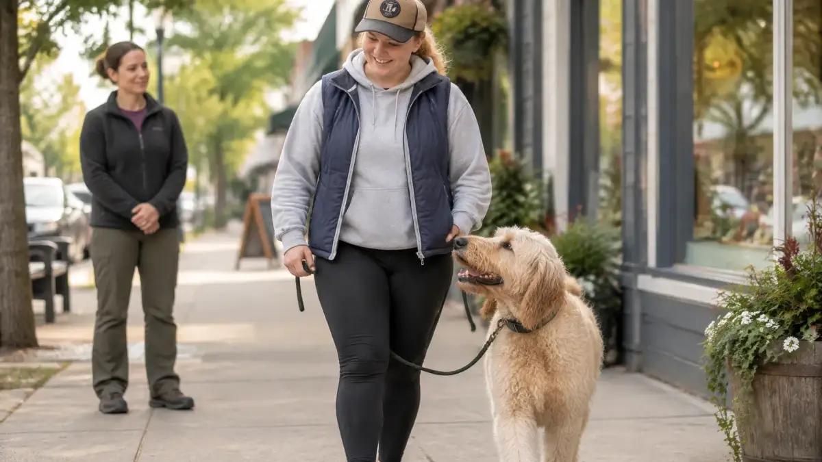 Trainer observing a handler and calm dog during a public-access practice in Victoria