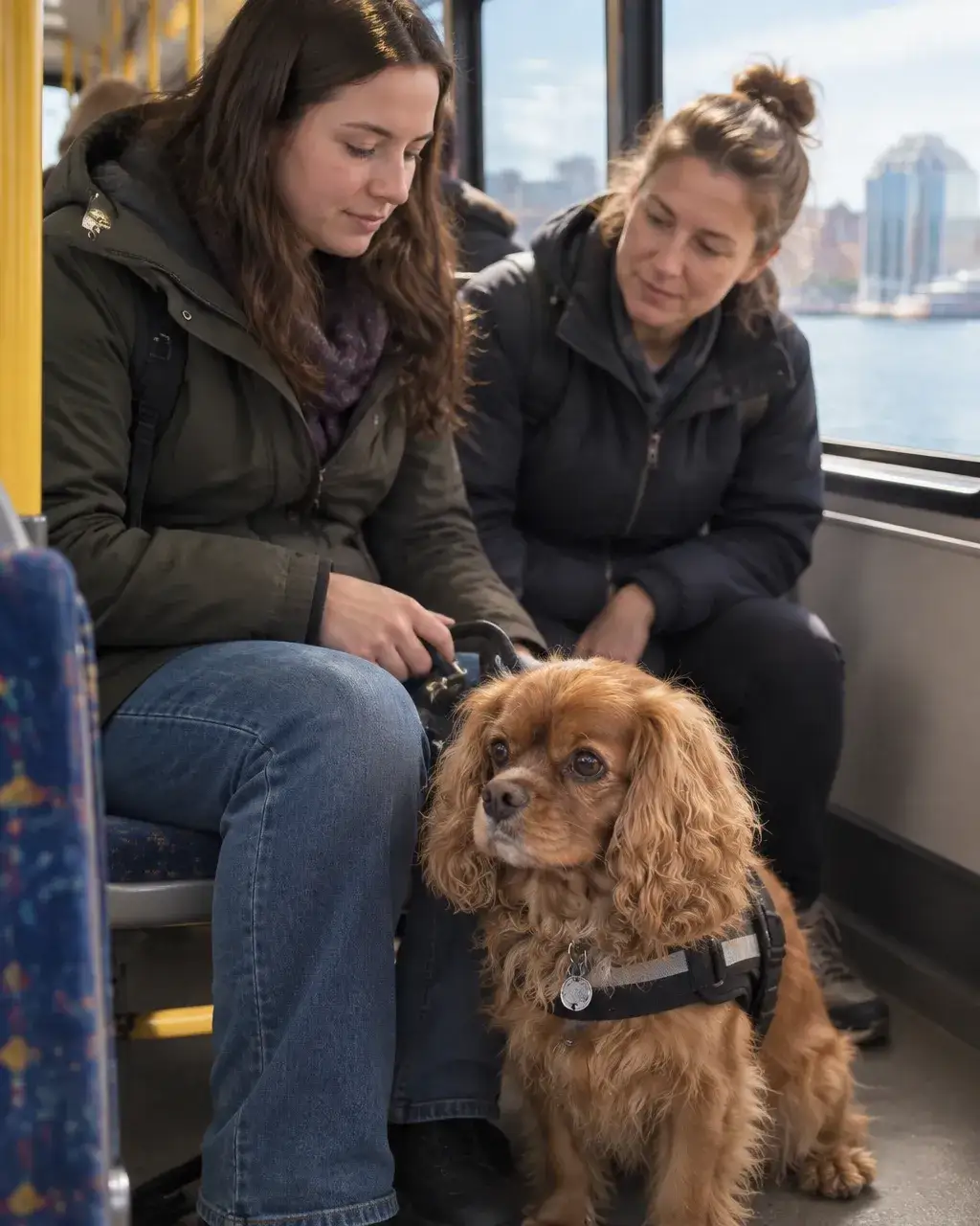 A service dog team calmly navigating a Halifax public transit environment with quiet trainer support