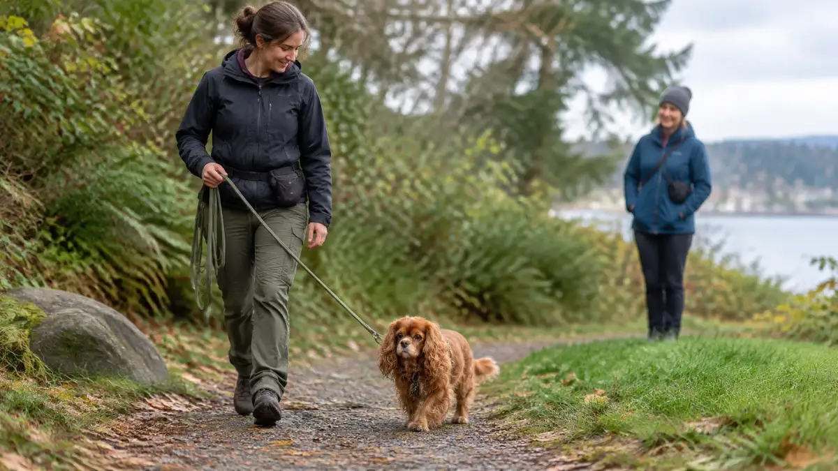 Puppy and handler practising calm walking on a quiet path in Greater Victoria