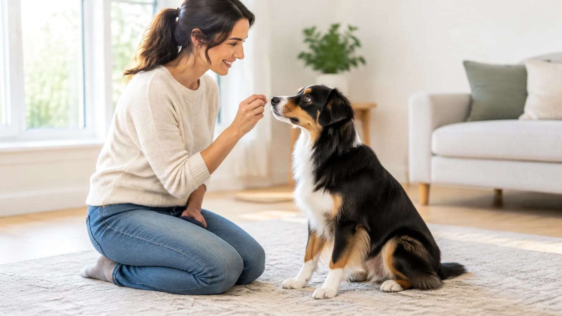 A handler kneeling on a rug indoors rewarding an attentive dog during a one-to-one training session