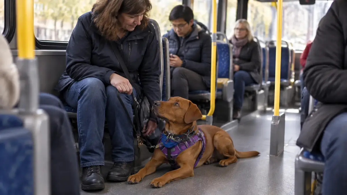Service dog team practising a calm settle on public transportation