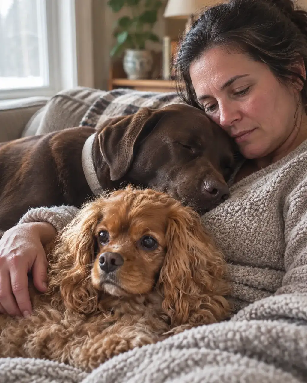 Companion dog resting calmly beside its owner at home