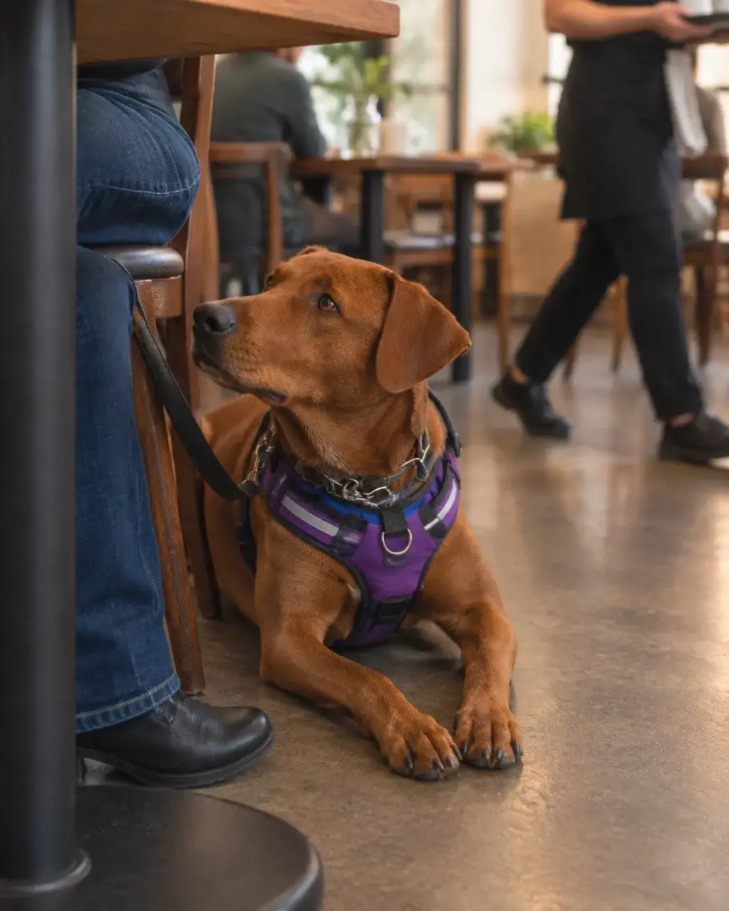 Service dog calmly settled beside its handler in a café while staff work nearby