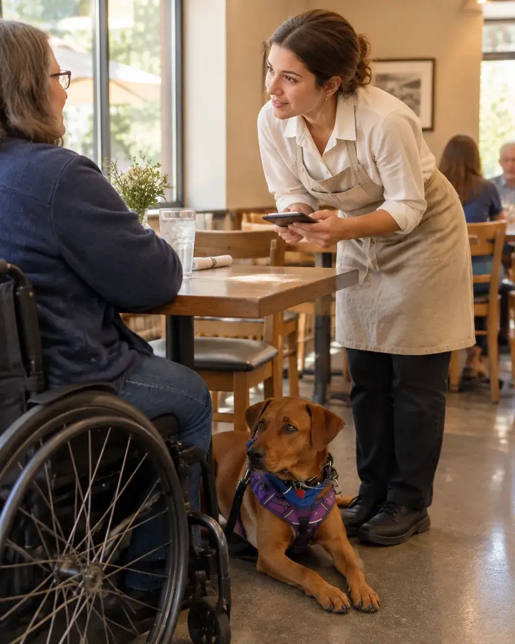 Restaurant staff member speaking respectfully with a handler while the service dog remains settled