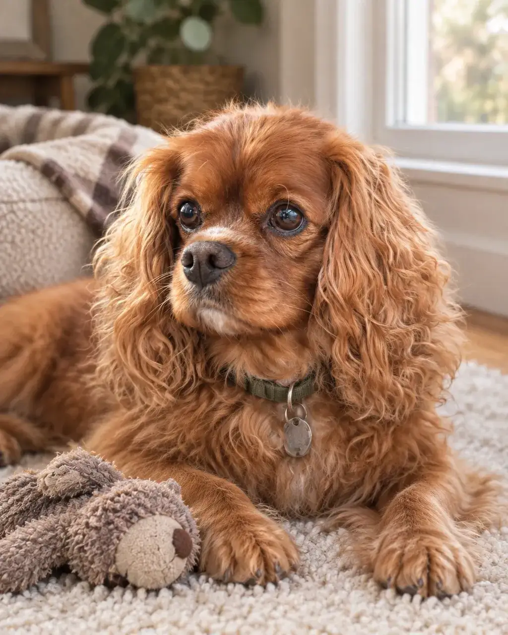 A former service dog prospect relaxing at home as a companion dog