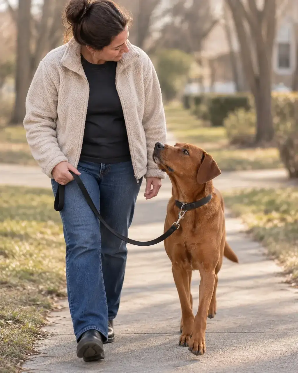A handler and dog calmly exploring an ordinary walking path after a career change