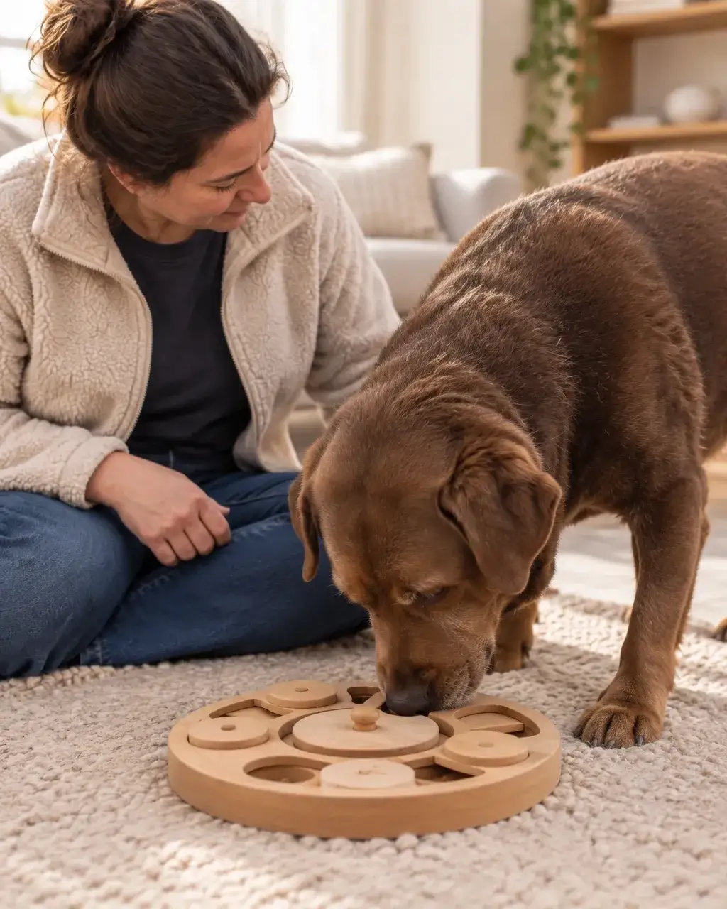 A dog enjoying a low-pressure enrichment activity at home with a handler nearby