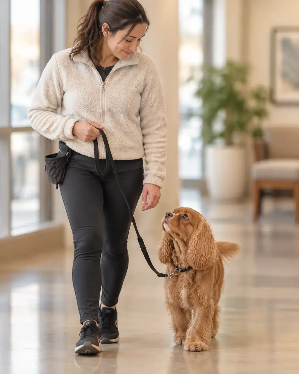 An adult handler practising engagement and loose-leash walking with a young service-dog candidate