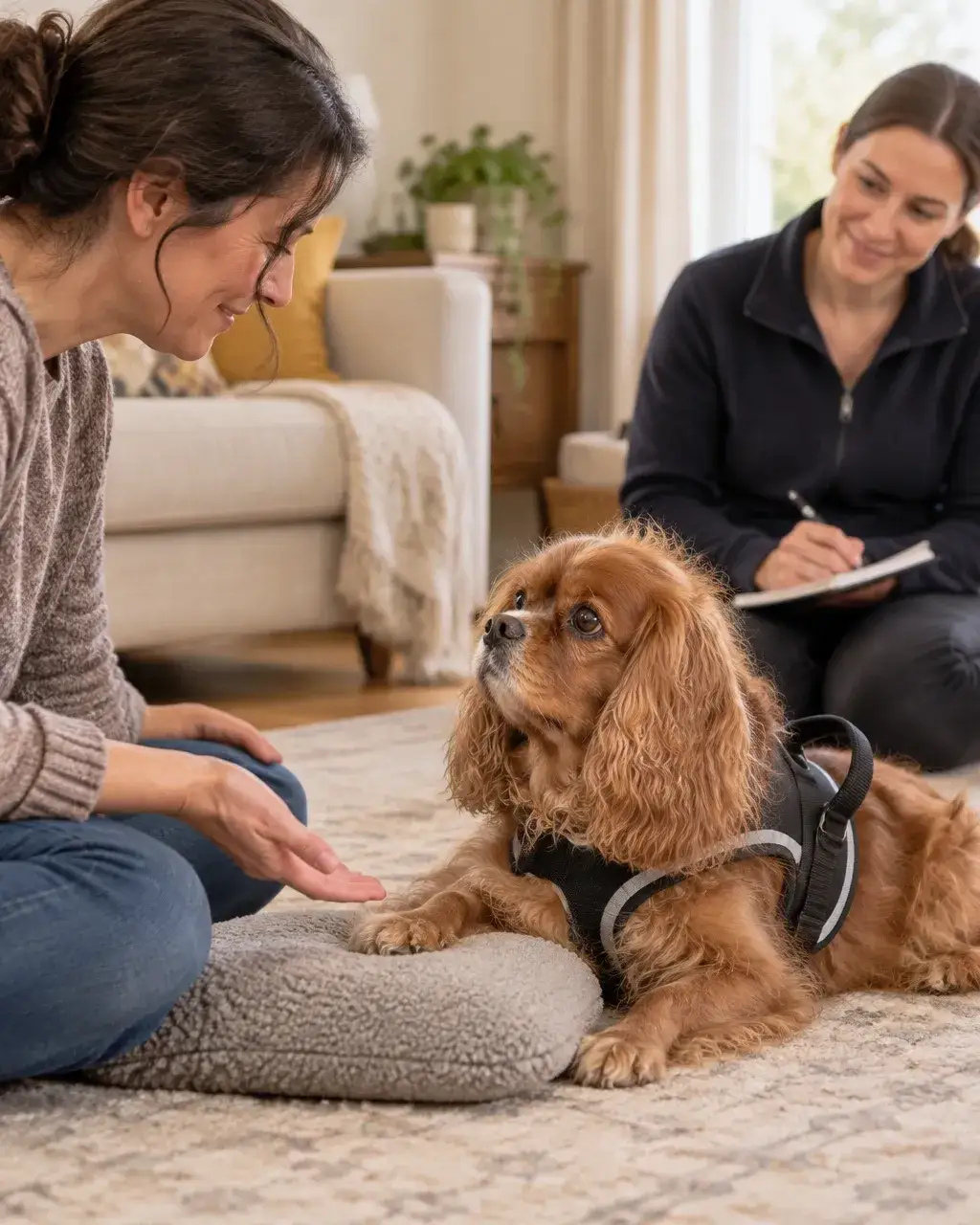 An adult handler practising a disability-mitigation task with support from a professional trainer